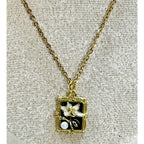 New Gold Tone Floral Pendant Necklace Black Enamel Faux Pearl N456