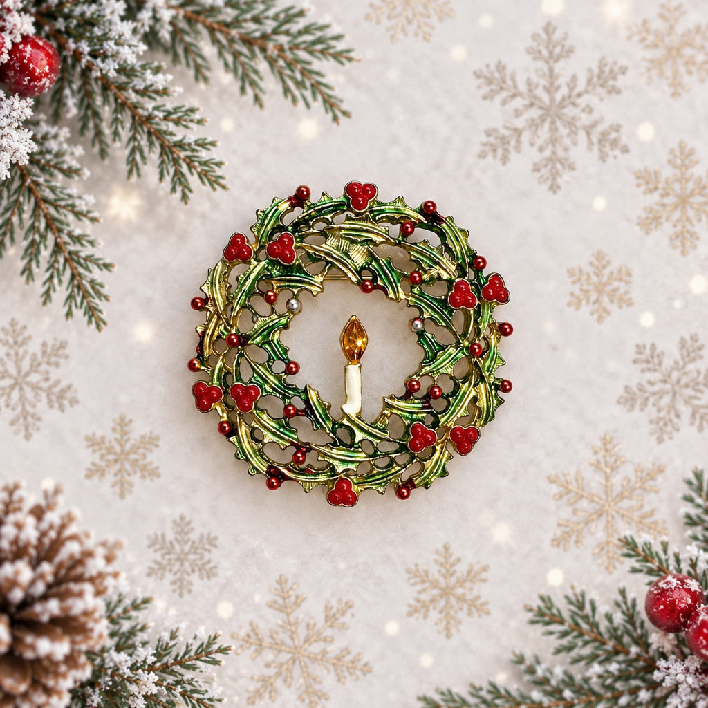 Vintage Holly Wreath Brooch Candle Green Enamel Christmas Gold Tone Pin CP262