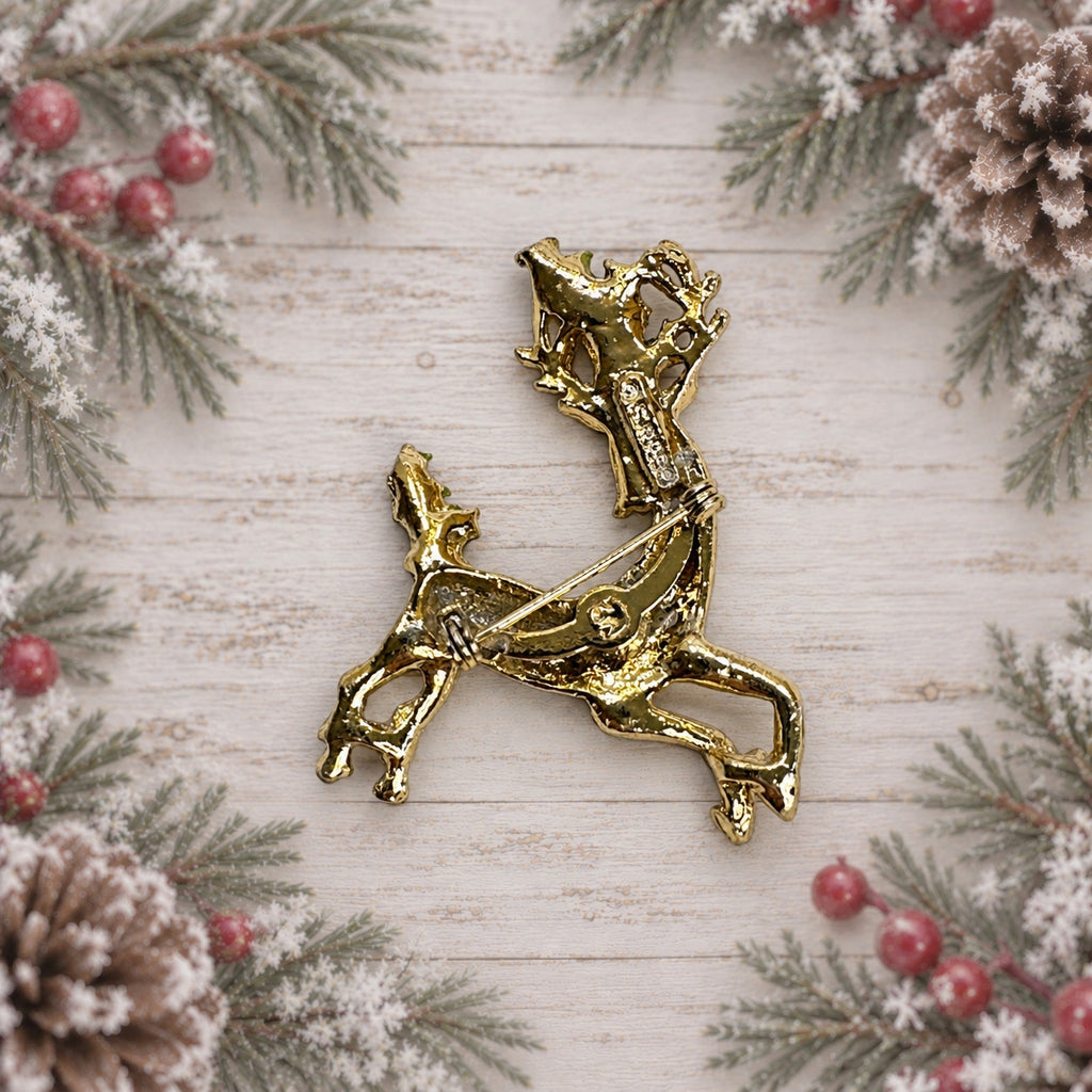 Vintage Gold Tone Reindeer Brooch Holly Enamel Rhinestone Christmas Pin CP260
