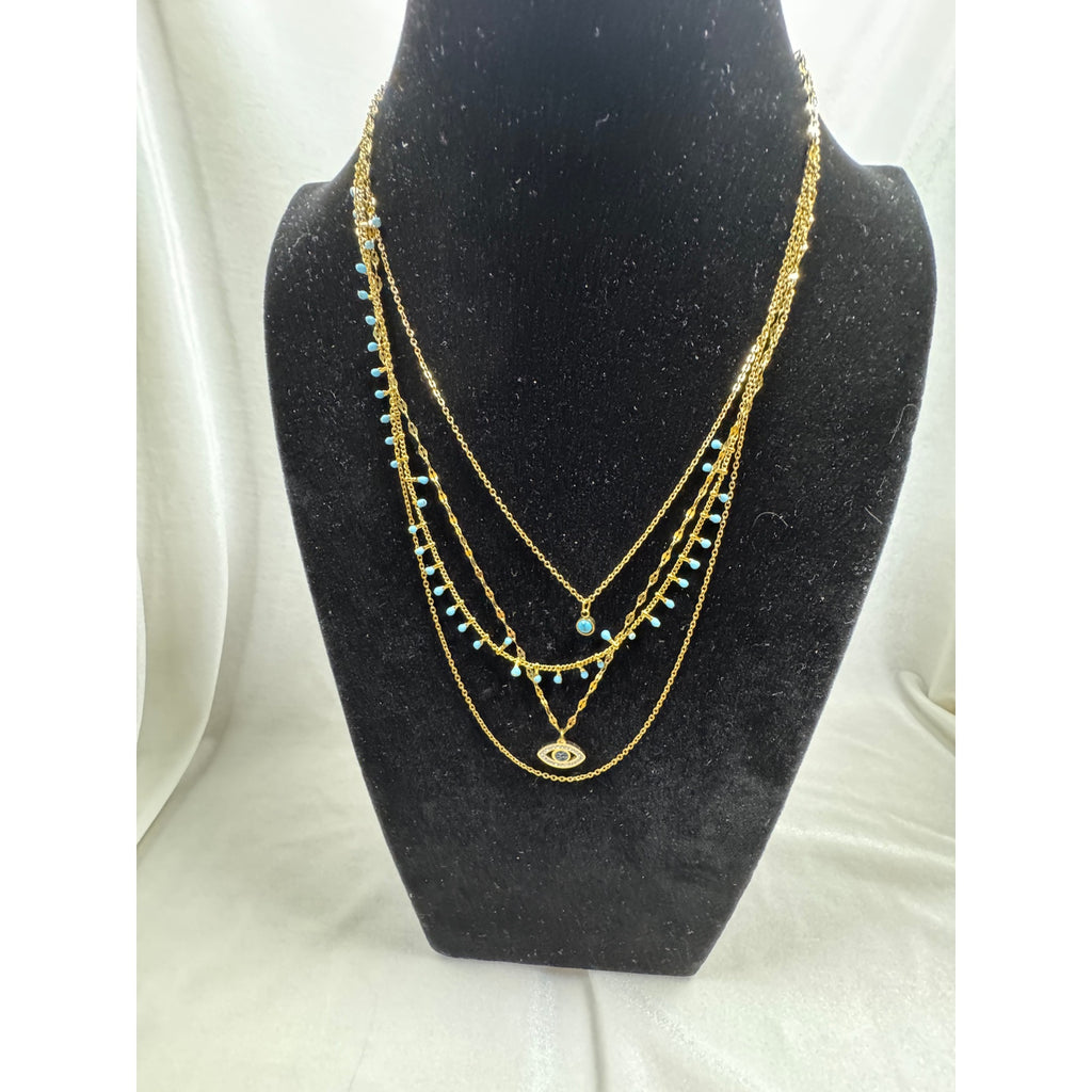 Gold Layered Evil Eye Necklace Blue Bead Multi Strand Boho Necklace N124