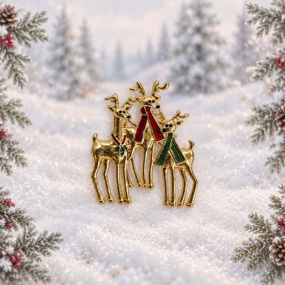 Vintage Three Reindeer Brooch Gold Tone Enamel Christmas Holiday Deer Pin CP261