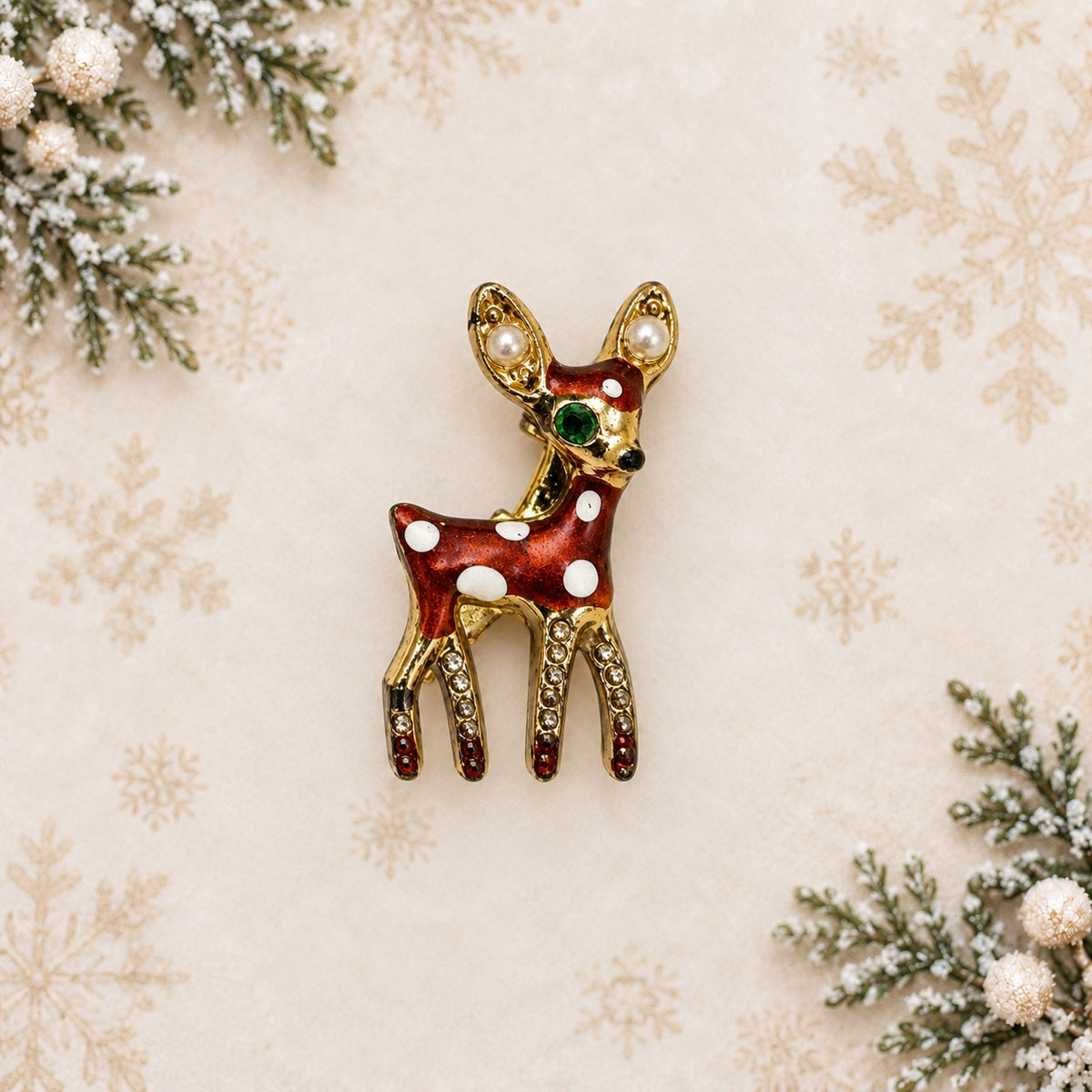 Small Christmas Reindeer Brooch Red Enamel Rhinestone Gold Tone Deer Pin CP173
