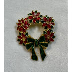 New Enamel Christmas Wreath Brooch Pin Red Poinsettia Green Bow 2" CP160