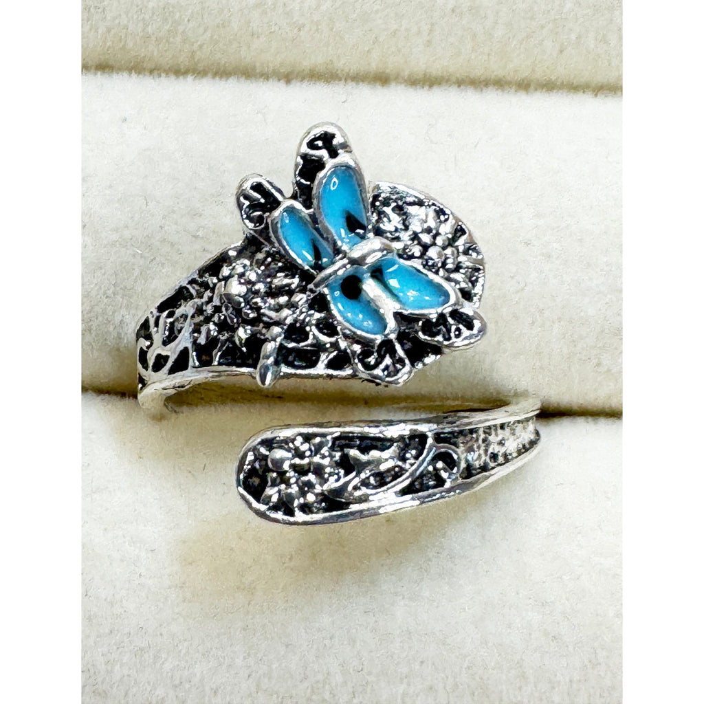 Blue Butterfly Adjustable Silver Ring Filigree Floral Wrap New R011