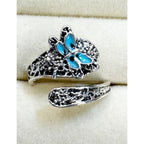 Blue Butterfly Adjustable Silver Ring Filigree Floral Wrap New R011
