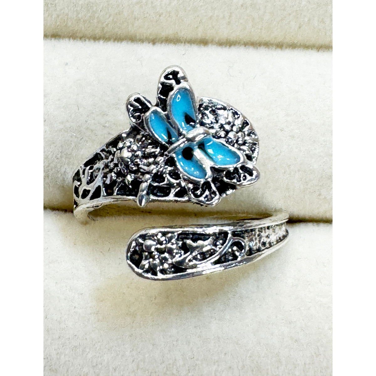 Blue Butterfly Adjustable Silver Ring Filigree Floral Wrap New R011