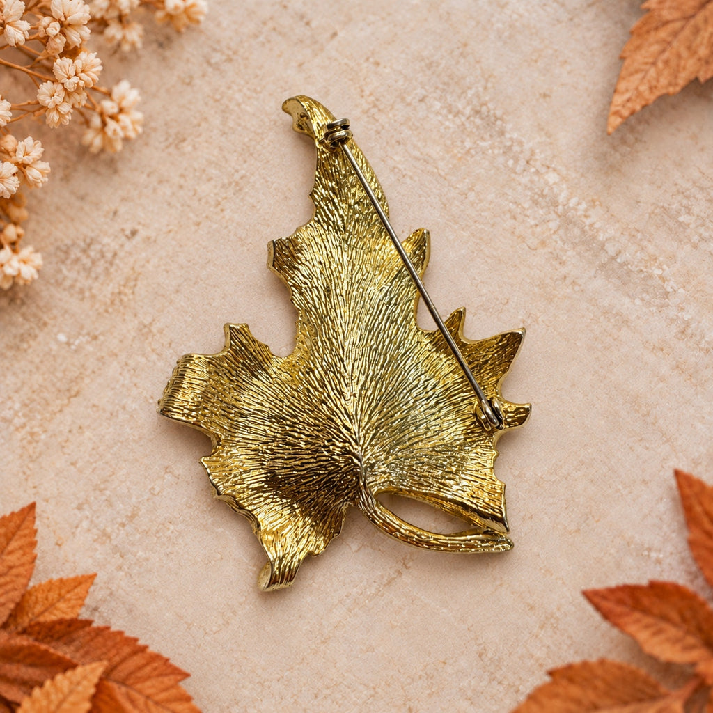 Gold Tone Maple Leaf Brooch Clear Rhinestone Vintage Style Fall Pin 2.75" CP212