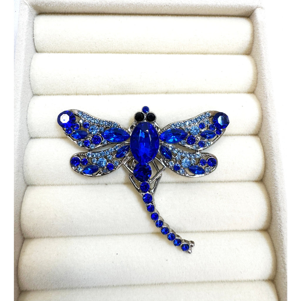 Blue Rhinestone Dragonfly Brooch Pin Gunmetal Gray Crystal Insect 2" CP253