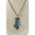 Blue Rhinestone Owl Pendant Necklace Silver Tone 22" Chain N468
