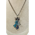 Blue Rhinestone Owl Pendant Necklace Silver Tone 22" Chain N468