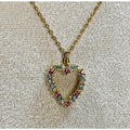 Vintage Open Heart Rhinestone Necklace Pink Blue Crystal Pendant Gold N477