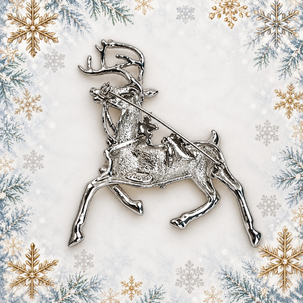 Reindeer Christmas Brooch Gold Silver Tone Holly Elegant Holiday Deer Pin CP179