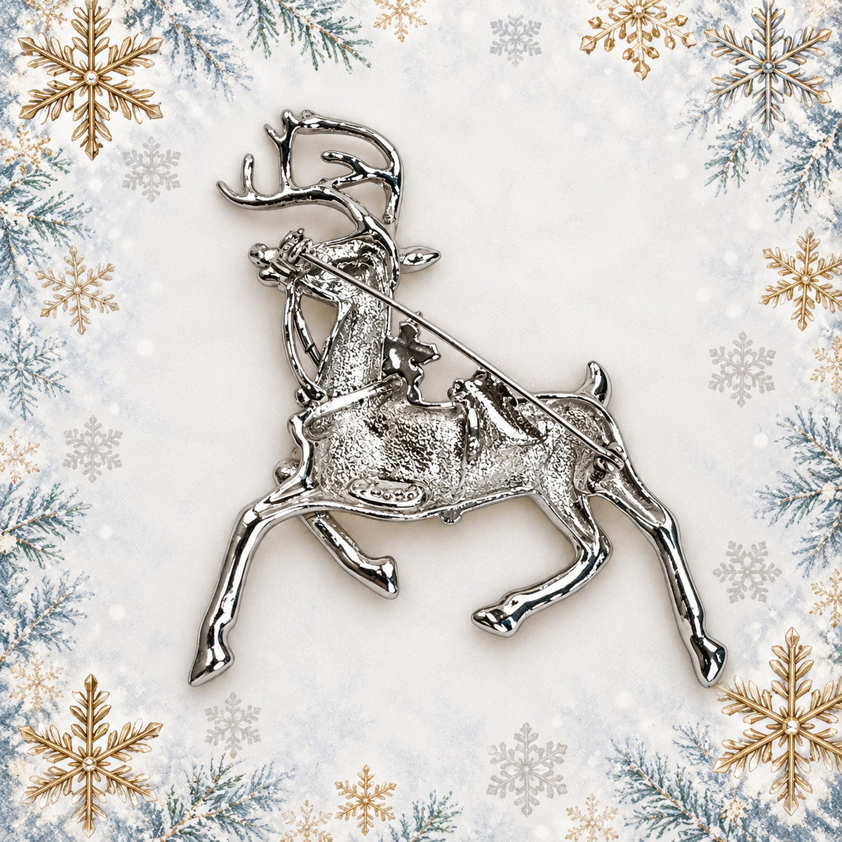 Reindeer Christmas Brooch Gold Silver Tone Holly Elegant Holiday Deer Pin CP179