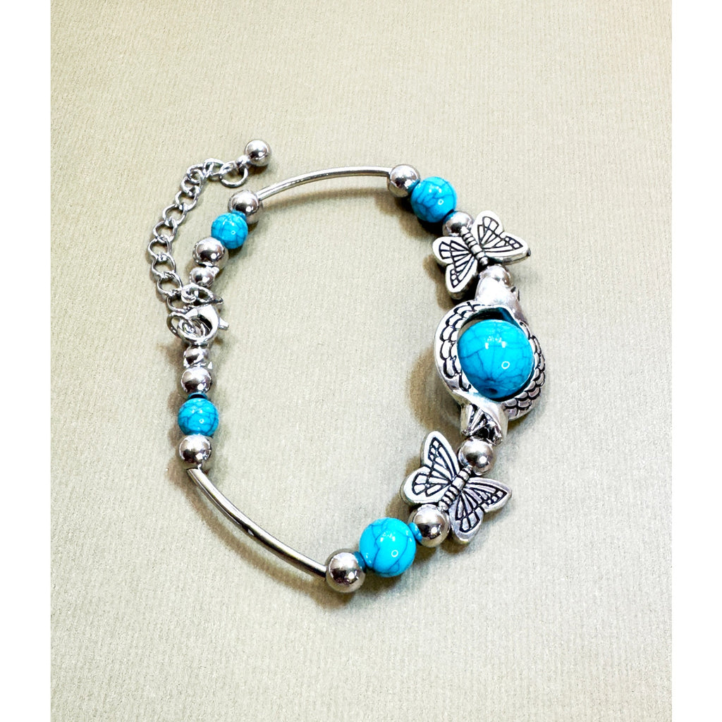 Turquoise Beaded Butterfly Bracelet Silver Tone Adjustable 7-8 Inch New B142