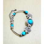 Turquoise Beaded Butterfly Bracelet Silver Tone Adjustable 7-8 Inch New B142
