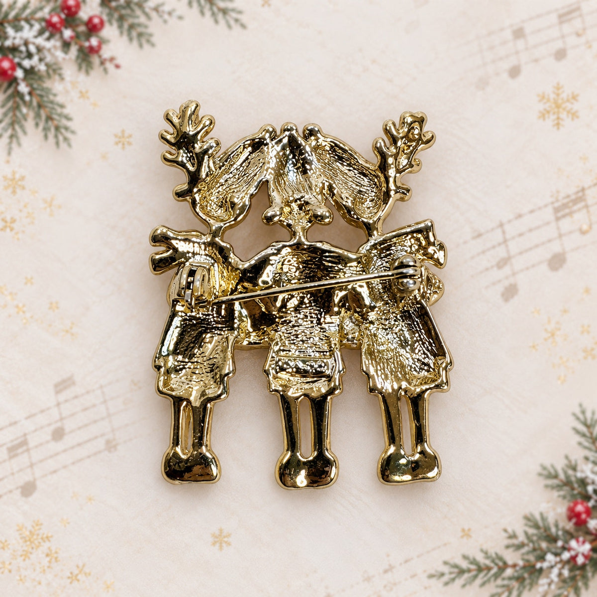 Vintage Three Reindeer Carolers Brooch Silver Tone Christmas Choir Pin CP264