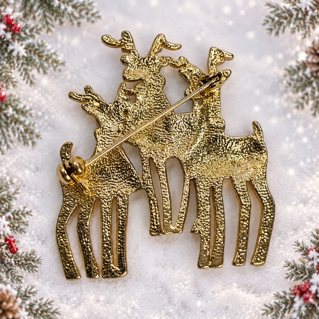 Vintage Three Reindeer Brooch Gold Tone Enamel Christmas Holiday Deer Pin CP261