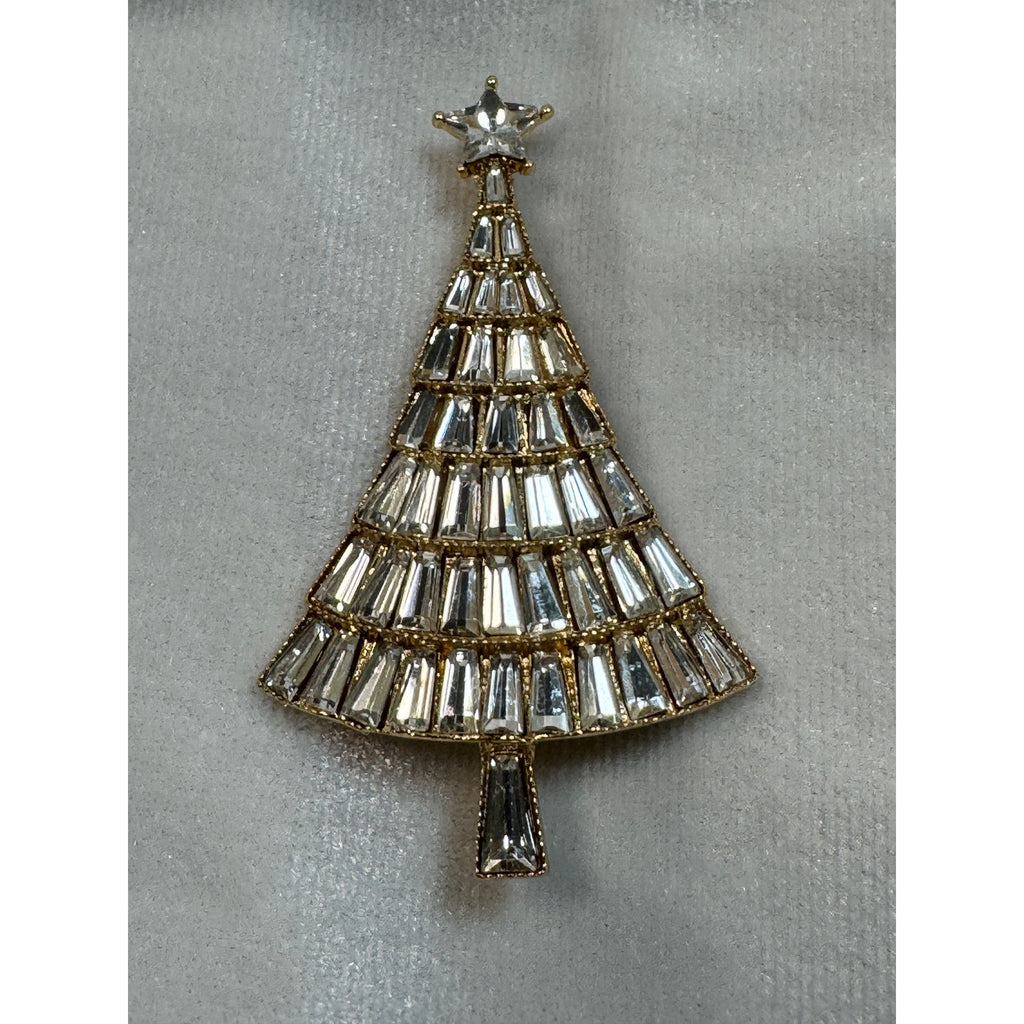 Clear Rhinestone Christmas Tree Brooch Pin Gold Tone Holiday 2.5" CP170