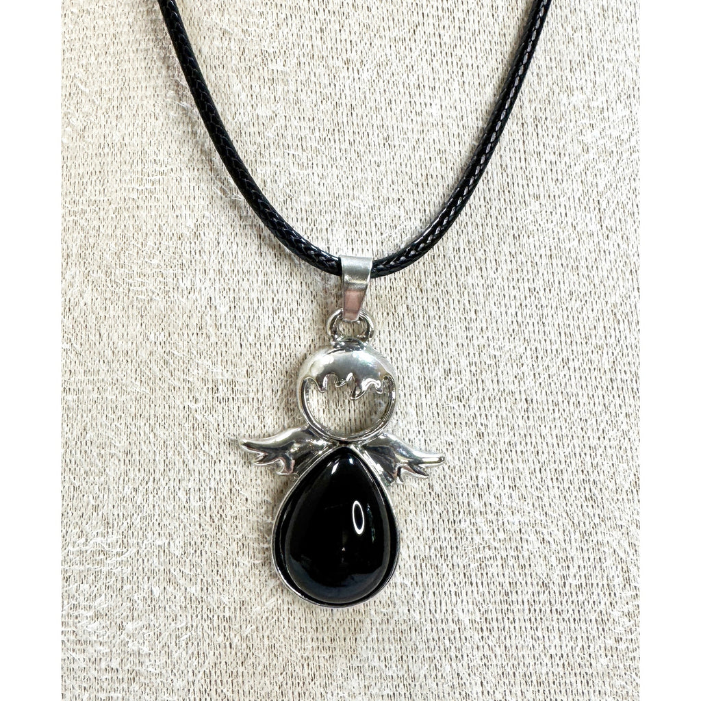 Black Angel Necklace Silver Tone Pendant W/ Stones on a 24" Black Cord 1.5" N546