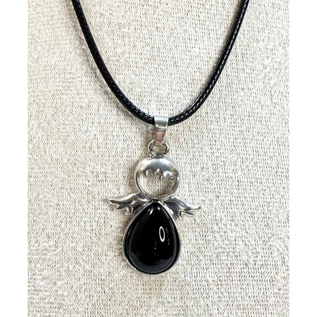 Black Angel Necklace Silver Tone Pendant W/ Stones on a 24" Black Cord 1.5" N546