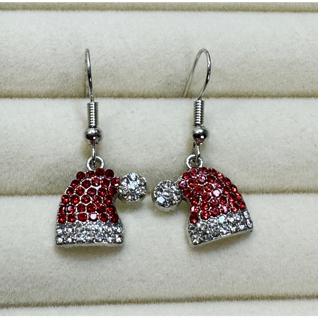 New Christmas Santa Hat Rhinestone Dangle Earrings Red White Holiday 1 Inch E494