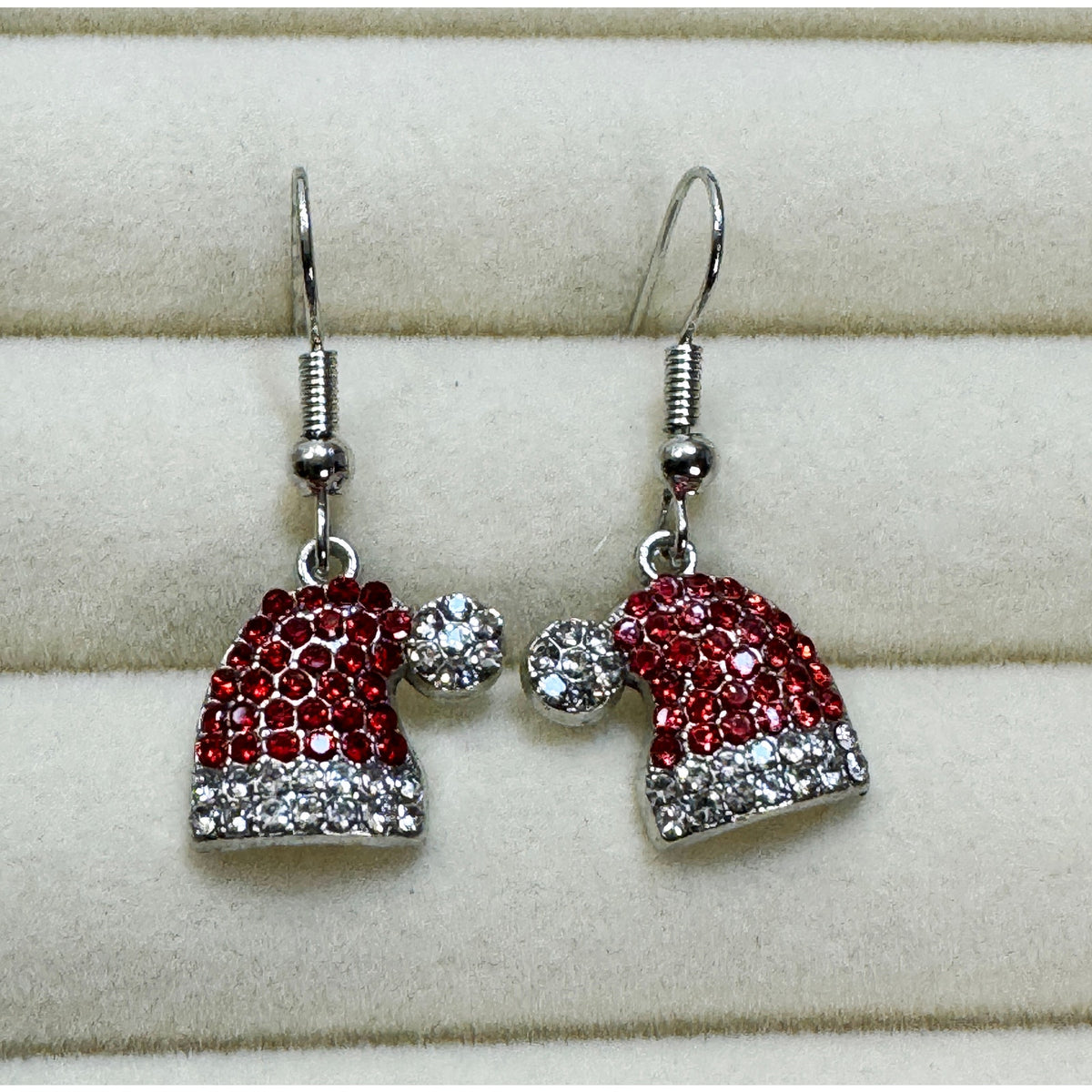 New Christmas Santa Hat Rhinestone Dangle Earrings Red White Holiday 1 Inch E494