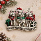 Christmas Cat Friends Brooch Pin Silver Tone Rhinestone Holiday Gift CP268