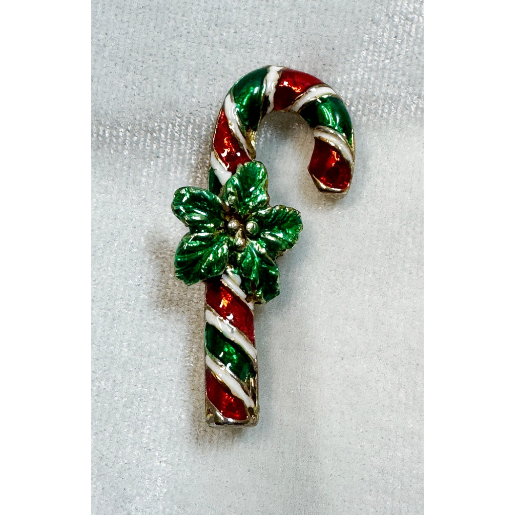 Vintage Enamel Candy Cane Christmas Brooch Pin Red Green White CP186