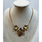 Gold Flower Necklace 16-18" Floral Statement Necklace Three Flower Pendant N353