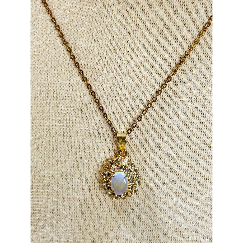 Vintage Style Opalite & Rhinestone Pendant Necklace Gold Tone 20" Chain