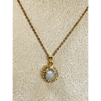 Vintage Style Opalite & Rhinestone Pendant Necklace Gold Tone 20" Chain