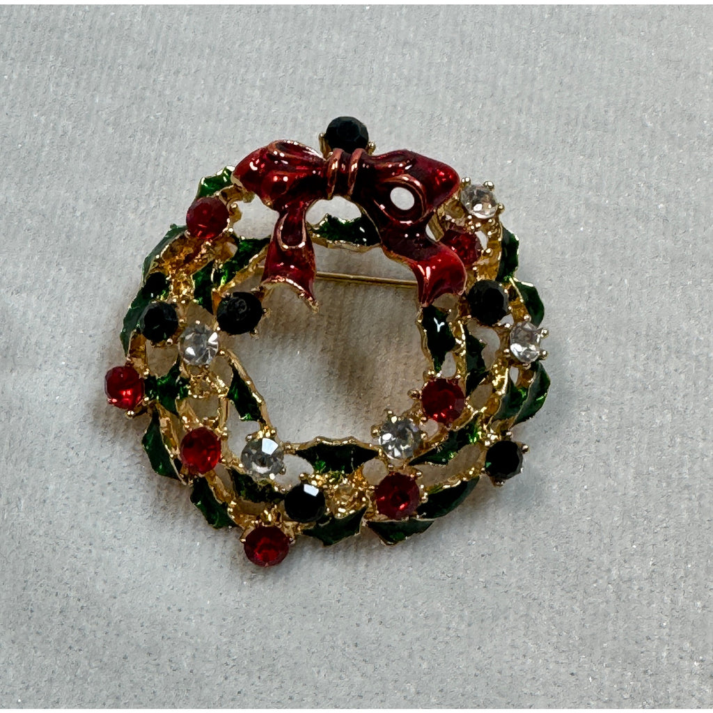 New Christmas Wreath Brooch Pin Rhinestone Red Green Gold 1.5" CP165