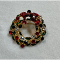 New Christmas Wreath Brooch Pin Rhinestone Red Green Gold 1.5" CP165
