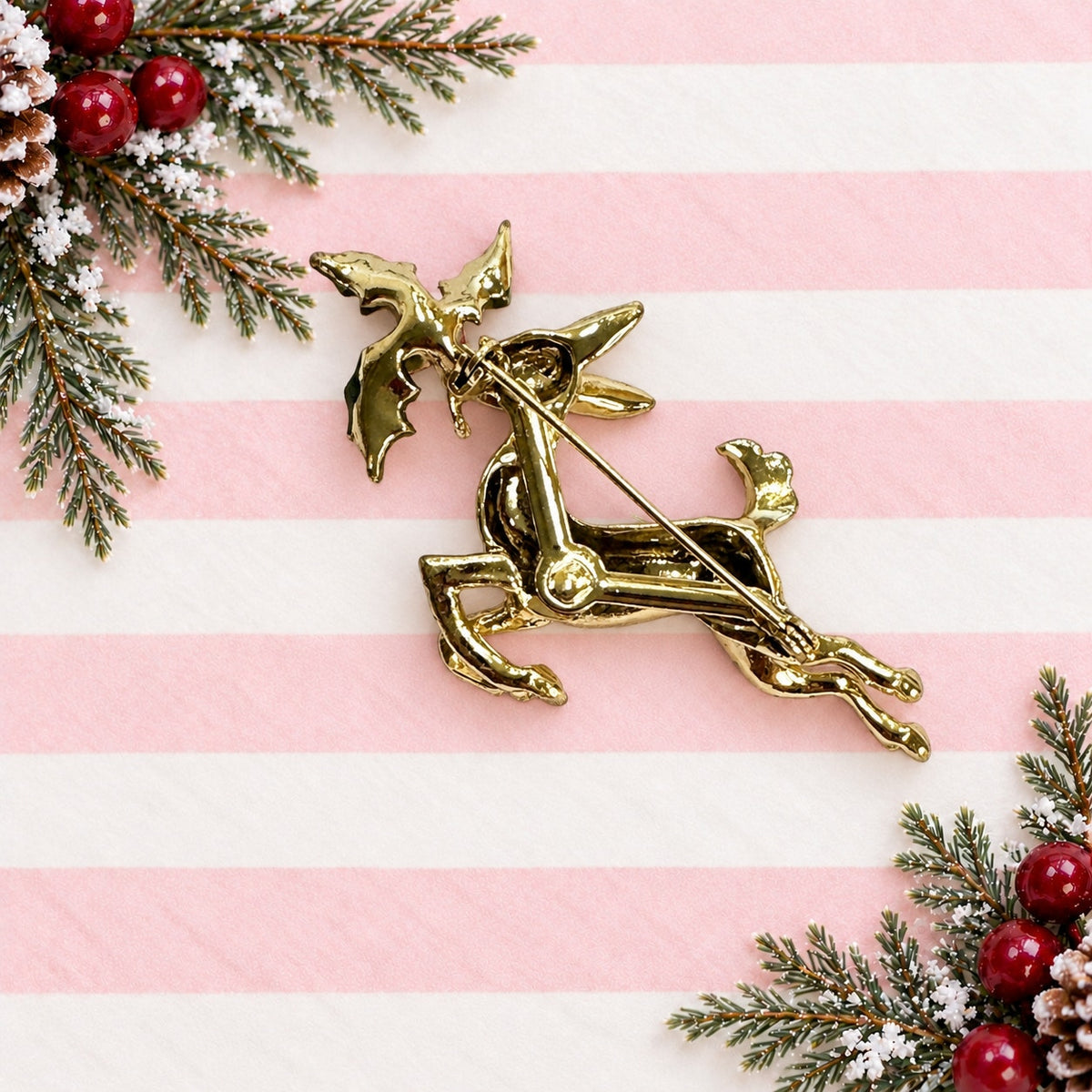 Vintage Reindeer Brooch Gold Tone Holly Enamel Christmas Pin Missing Eye CP263