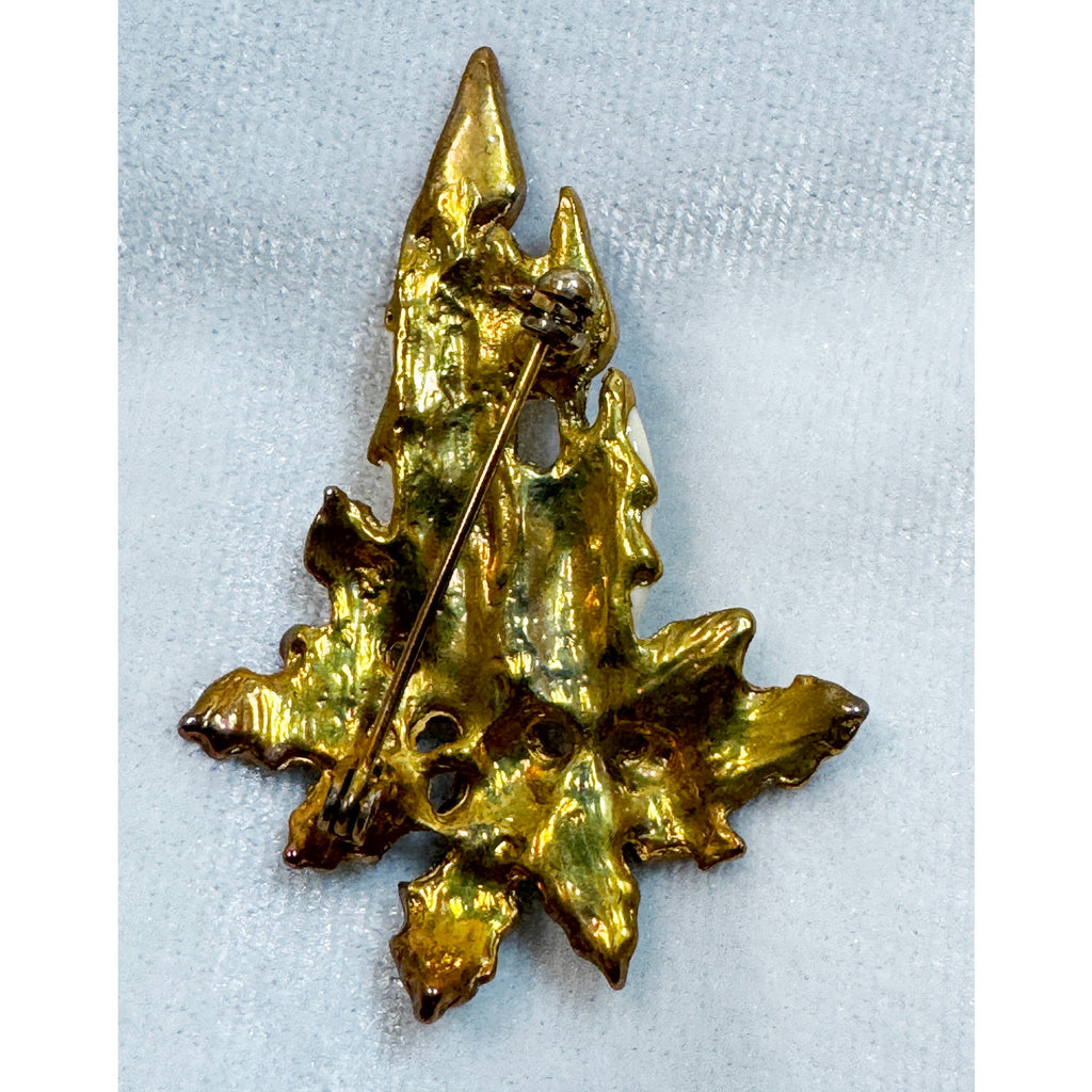 Vintage Enamel Christmas Candle Brooch Pin Holly Berries Holiday Jewelry CP185