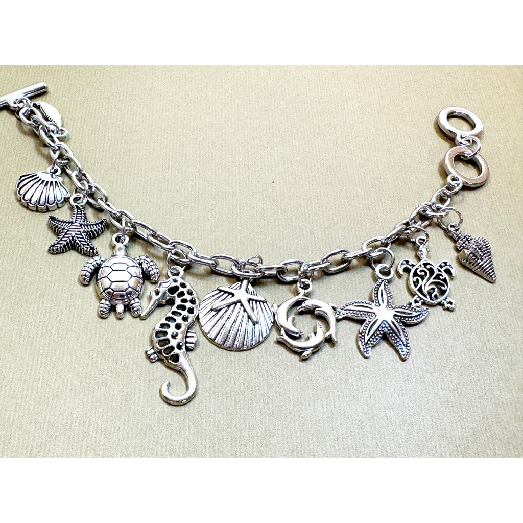 Silver Sea Life Charm Bracelet Turtle Seahorse Dolphin Shell 7-7.5 In B141