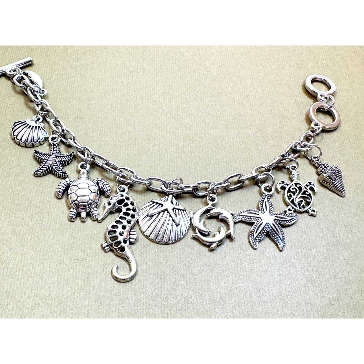 Silver Sea Life Charm Bracelet Turtle Seahorse Dolphin Shell 7-7.5 In B141