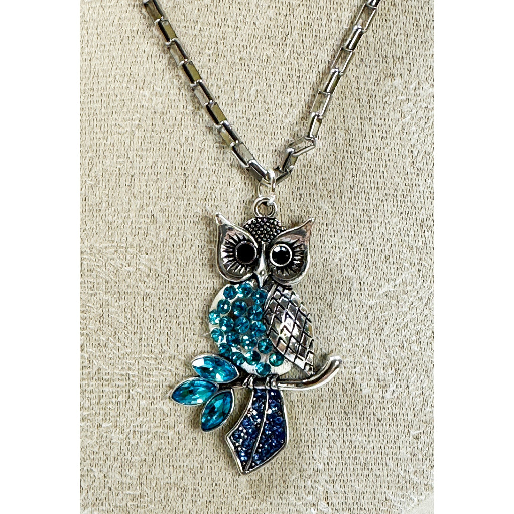 Blue Rhinestone Owl Pendant Necklace Silver Tone 22" Chain N468