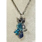 Blue Rhinestone Owl Pendant Necklace Silver Tone 22" Chain N468