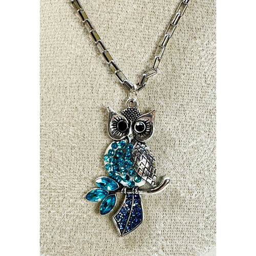 Blue Rhinestone Owl Pendant Necklace Silver Tone 22" Chain N468