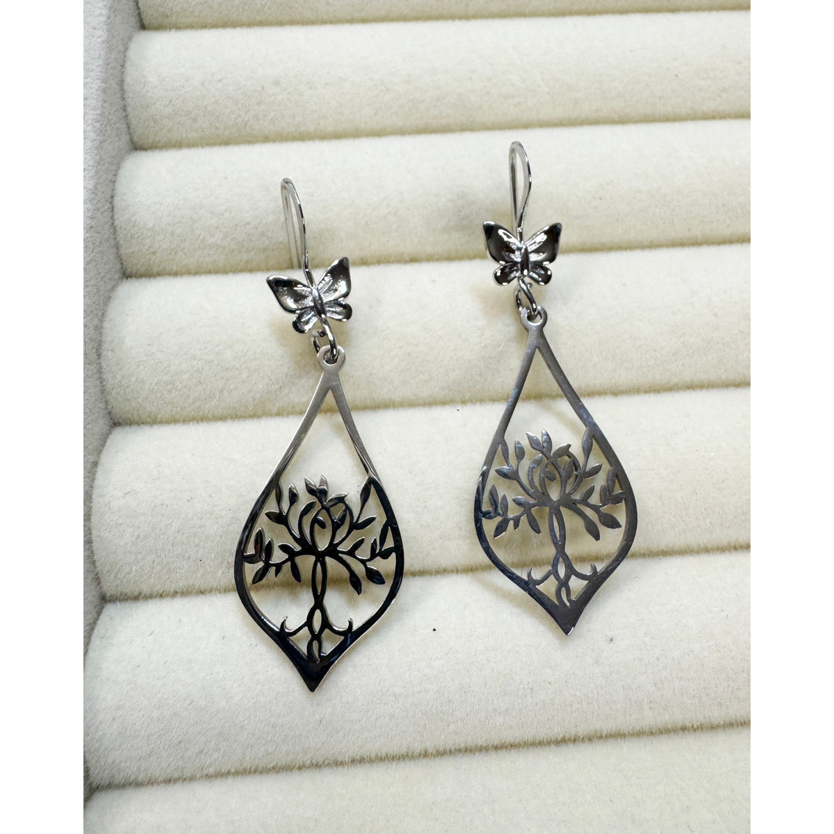 New Stainless Steel Tree of Life Dangle Earrings 1.75" Floral Cut Out E604