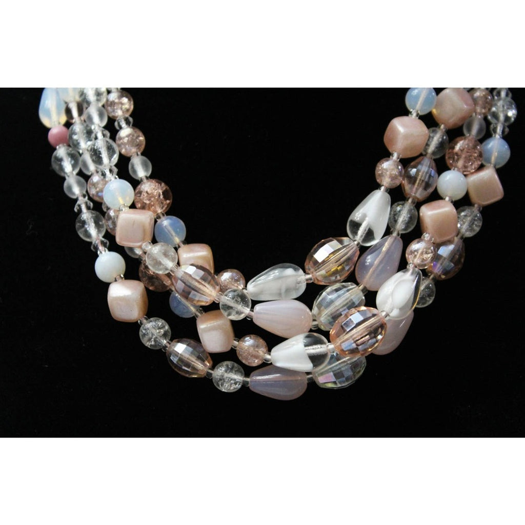 Beautiful Vintage 4 Strand Bead Necklace In Shades of Pink, White and Clear N81