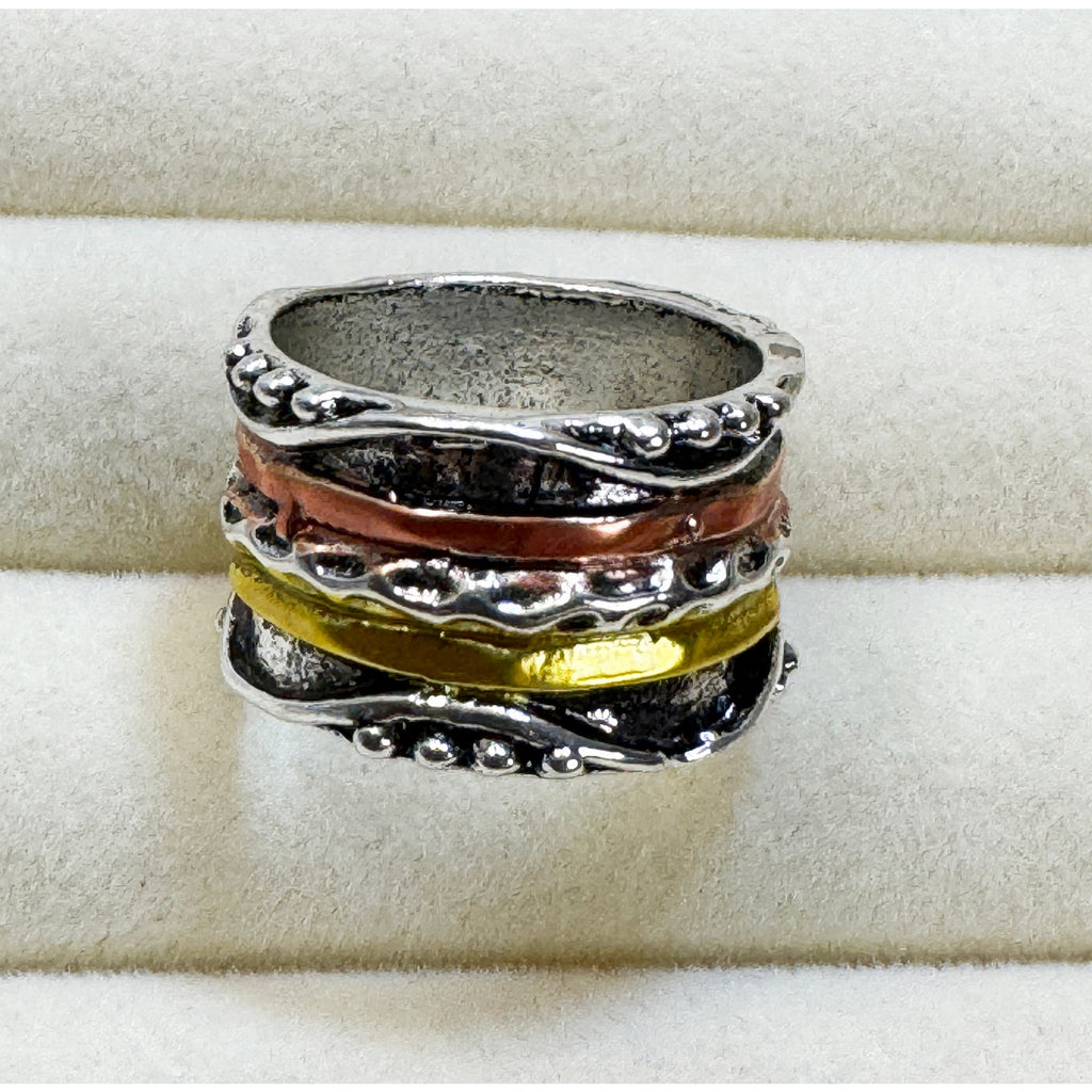 Size 10 Boho Wide Band Ring Silver Gold Copper Textured Statement Ring 1/2" B006
