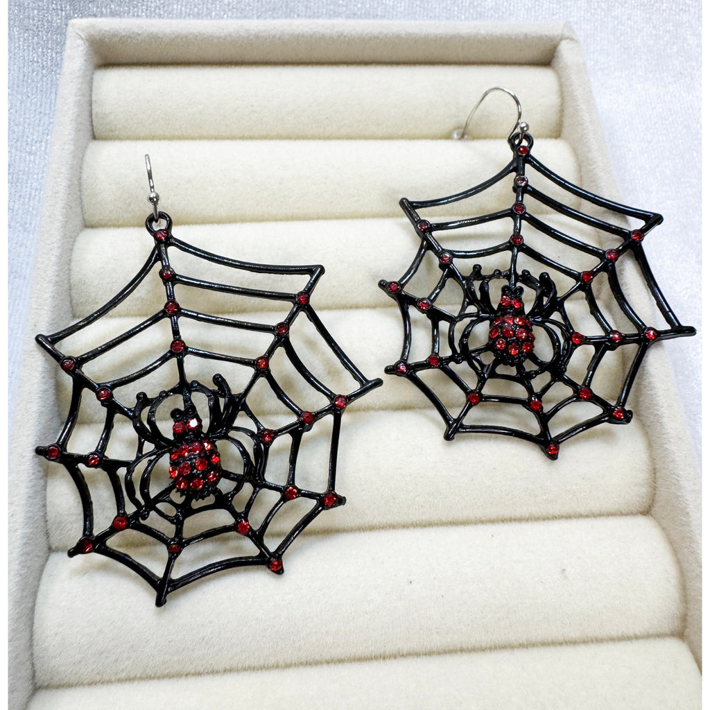 Halloween Spider Web Earrings Black Red Rhinestone Spider Gothic 2" x 2" E493