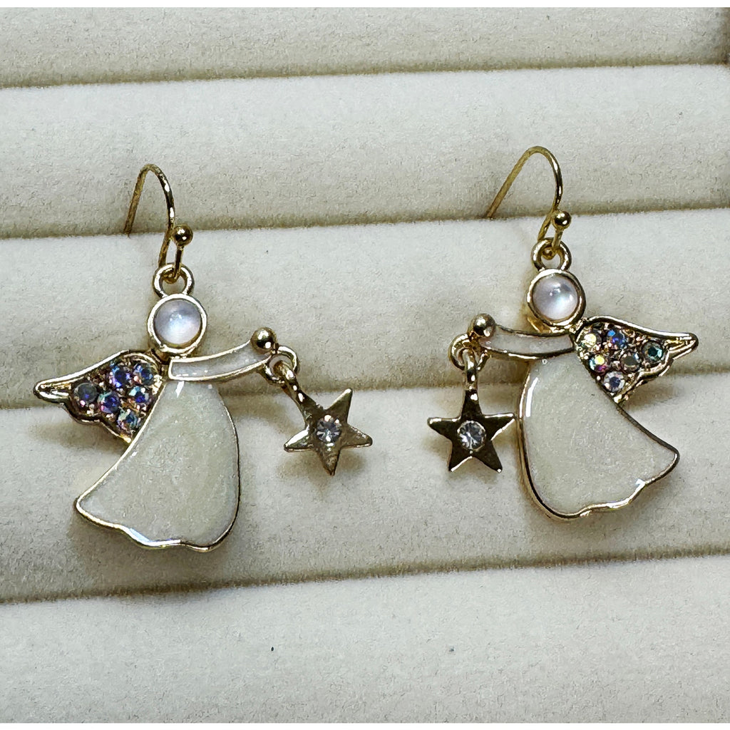 Christmas Angel Dangle Earrings Gold Tone Rhinestone Star White Enamel 1" E467