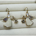 Christmas Angel Dangle Earrings Gold Tone Rhinestone Star White Enamel 1" E467