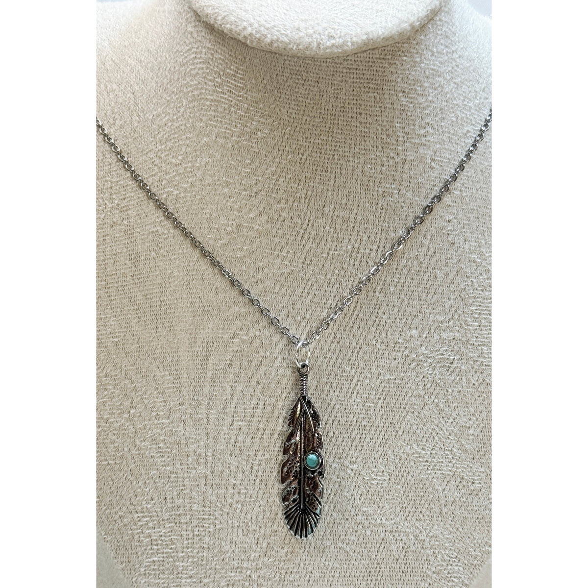 Silver Feather Pendant Necklace Turquoise Accent Boho Southwestern Style N451