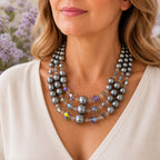 Silver Gray Faux Pearl Crystal Multi Strand Statement Necklace N643