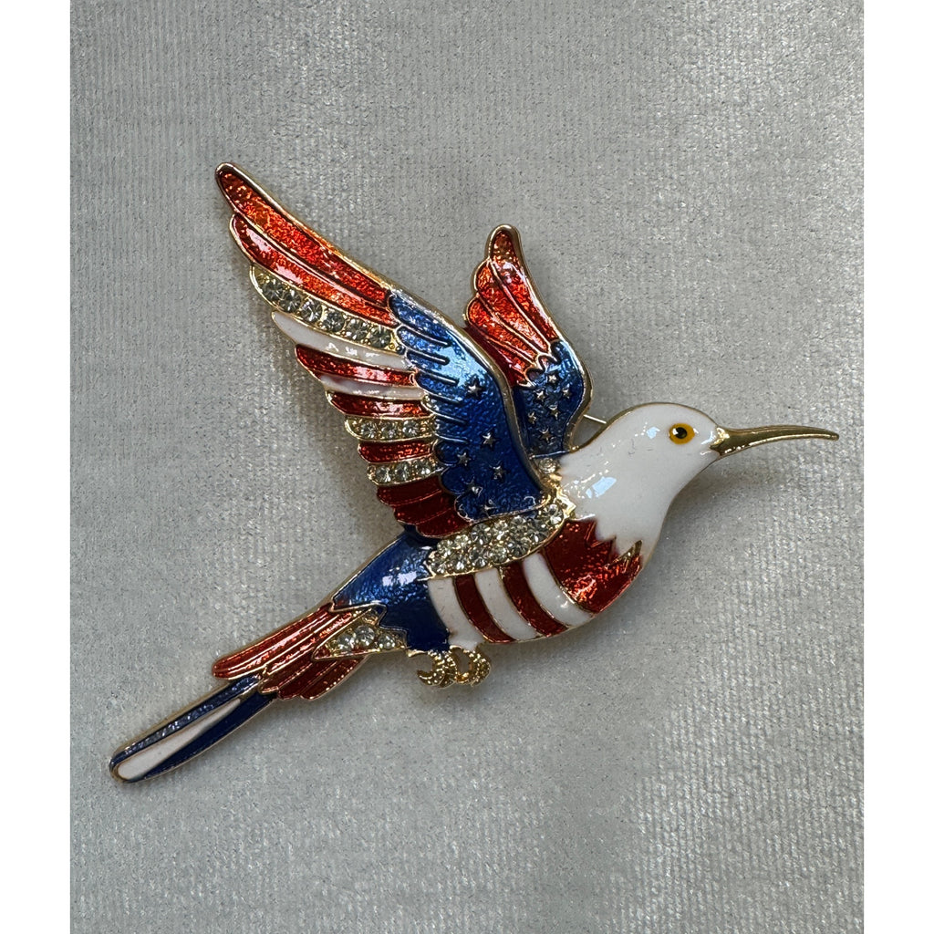 USA Flag Hummingbird Pin Brooch Gold Rhinestone Americana Patriotic 3.5"CP178