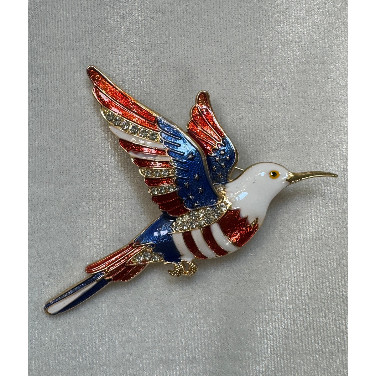 USA Flag Hummingbird Pin Brooch Gold Rhinestone Americana Patriotic 3.5"CP178